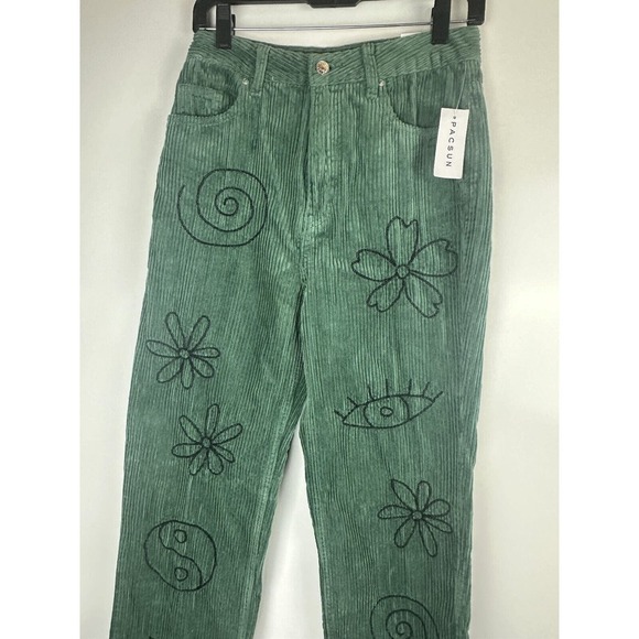 NWT PacSun Green Corduroy Embroidered Boyfriend Jean Doodle Baggy Womens Size 28 - Picture 4 of 16